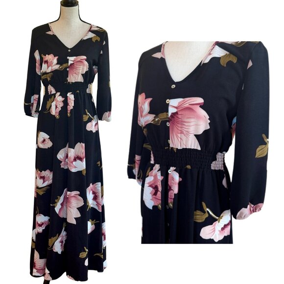 Elegant Everyday Floral Smocked Waist Dark Academia Prairie Core Maxi Dress - Picture 1 of 15